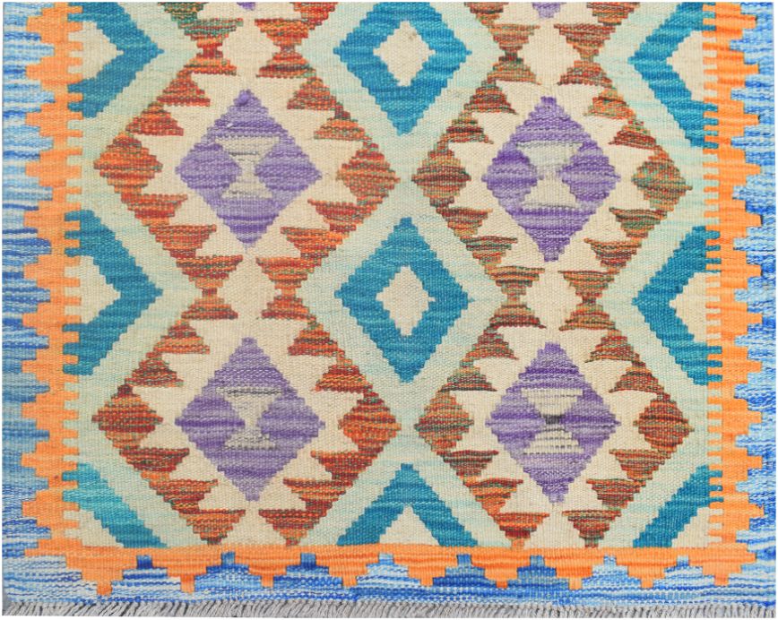 Handmade Afghan Maimana kilim runner featuring a geometric diamond pattern in blue, purple, and orange.