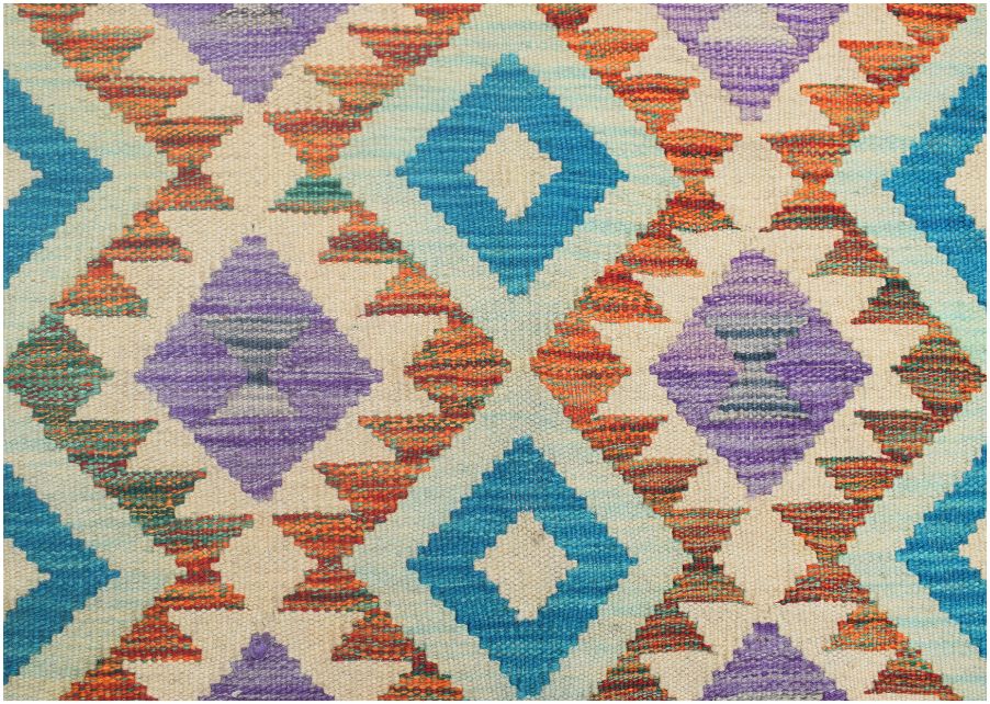 Handmade Afghan Maimana kilim runner featuring a geometric diamond pattern in blue, orange, and purple.