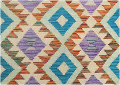 Handmade Afghan Maimana kilim runner featuring a geometric diamond pattern in blue, orange, and purple.