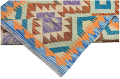 Handmade Afghan Maimana kilim runner featuring a geometric pattern in blue, orange, and purple.