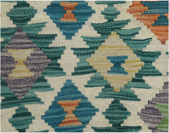 Handmade Afghan Maimana kilim runner featuring a geometric pattern in teal, orange, and yellow.