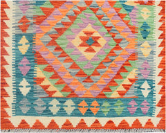 Handmade Afghan Maimana kilim runner featuring a vibrant geometric diamond pattern in wool.
