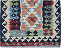 Handwoven Afghan Maimana wool kilim runner featuring a colorful geometric pattern.