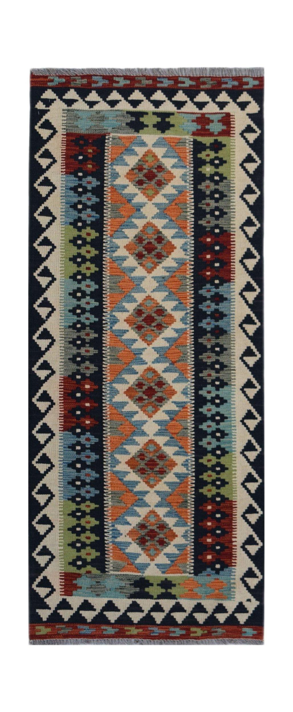 Handwoven Afghan Maimana wool runner rug featuring a colorful geometric diamond pattern.