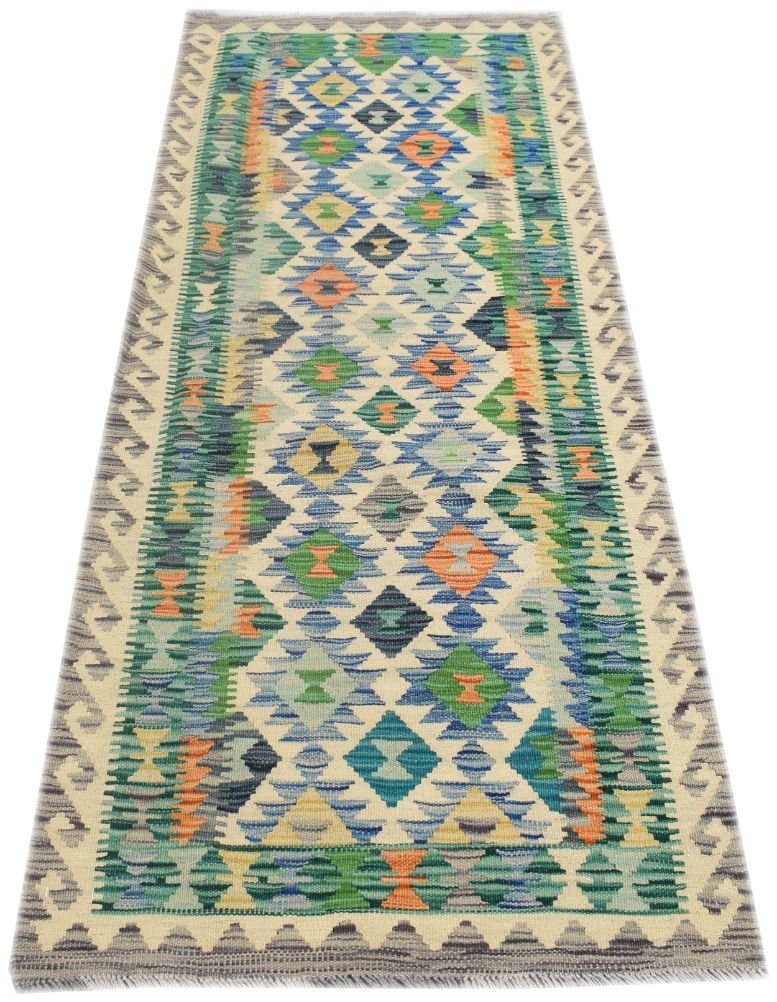 A handmade Afghan Maimana Kilim runner featuring a colorful geometric diamond pattern.