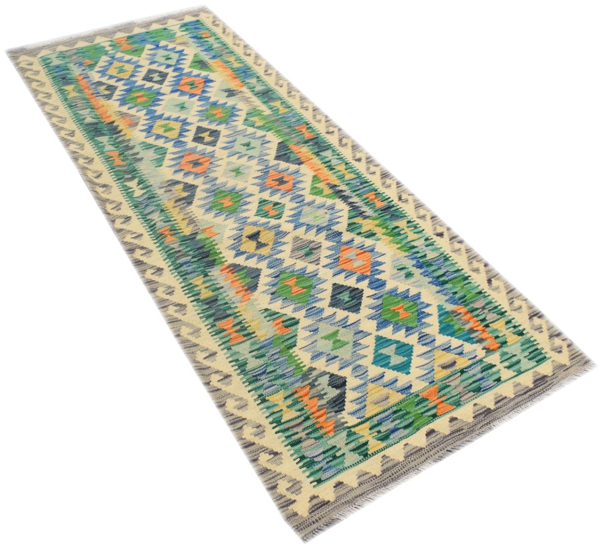 A handmade Afghan Maimana wool runner rug featuring a colorful geometric pattern.