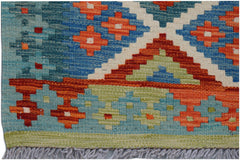 Handwoven Afghan Maimana wool kilim runner featuring a geometric pattern in blue, orange, and green.