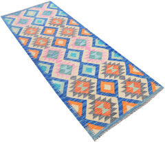 Handmade Afghan Maimana Kilim runner featuring a colorful geometric diamond pattern.