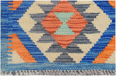 Handmade Afghan Maimana kilim runner featuring a geometric pattern in orange, blue, and cream.