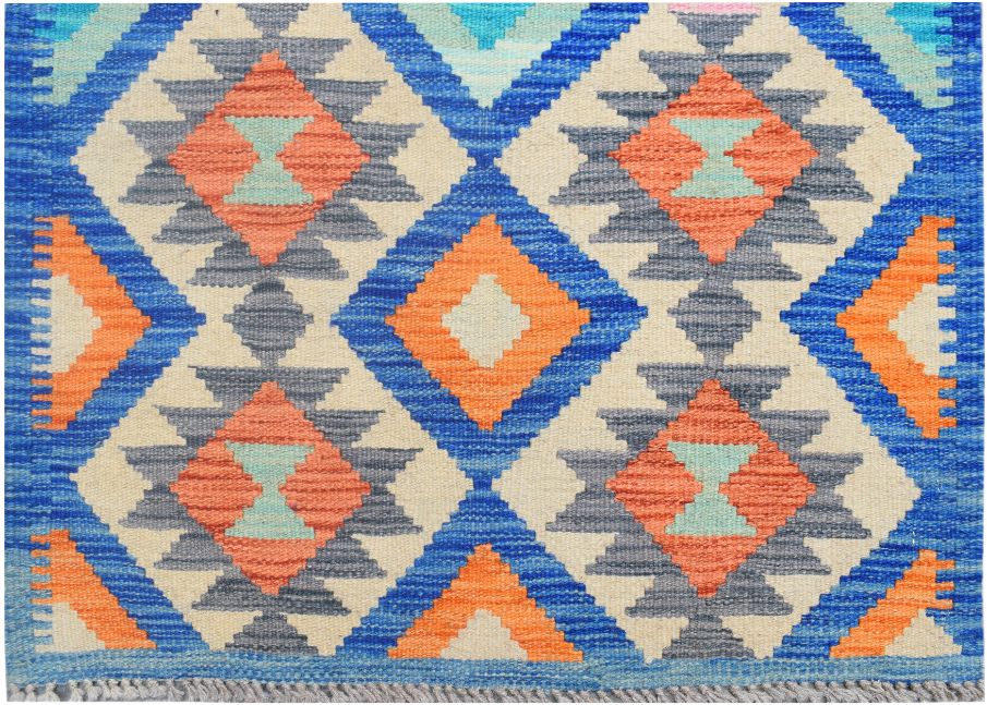 Handmade Afghan Maimana wool runner rug featuring a geometric diamond pattern in blue and orange.