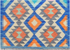 Handmade Afghan Maimana wool runner rug featuring a geometric diamond pattern in blue and orange.