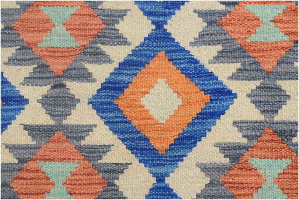 A handmade Afghan Maimana kilim runner featuring a geometric diamond pattern in blue, orange, and tan.