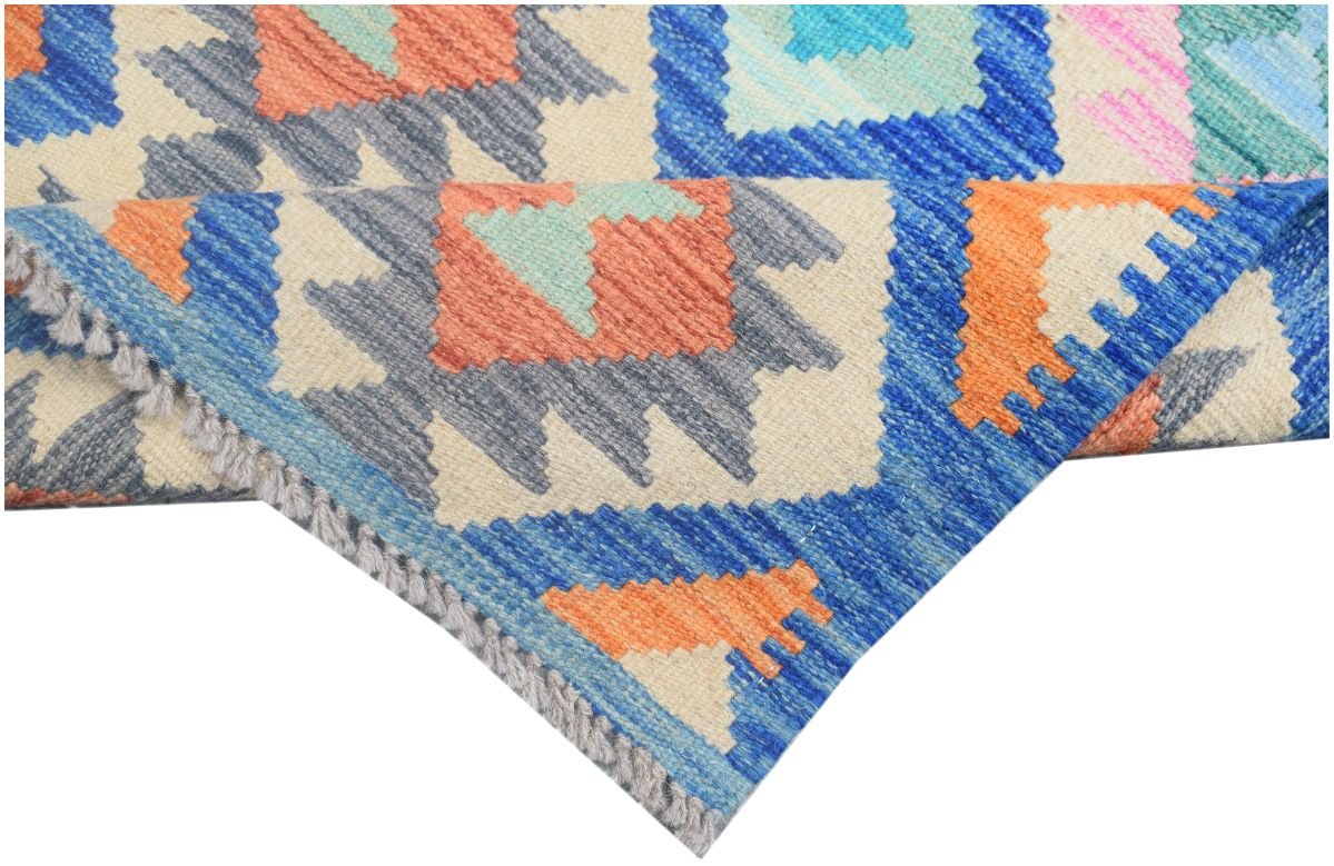 Handmade Afghan Maimana kilim runner featuring a geometric pattern in vibrant blue and orange.