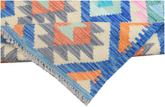 Handmade Afghan Maimana kilim runner featuring a geometric pattern in vibrant blue and orange.