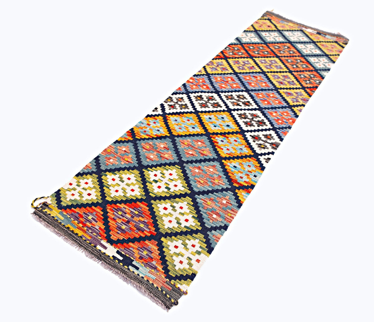 Handwoven Afghan Maimana wool runner rug featuring a colorful geometric diamond pattern.