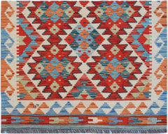 Handwoven Afghan Maimana wool kilim runner featuring a vibrant geometric pattern in multi-colored.
