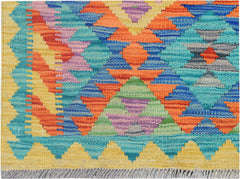 Handmade Afghan Maimana kilim runner featuring a vibrant geometric pattern in wool.