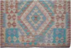 Handmade Afghan Maimana kilim runner featuring a geometric diamond pattern in muted earth tones.