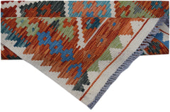 Handwoven Afghan Maimana kilim runner featuring a geometric pattern in orange, blue, and green.