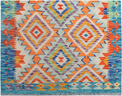 Handmade Afghan Maimana kilim runner featuring a vibrant geometric diamond pattern in wool.