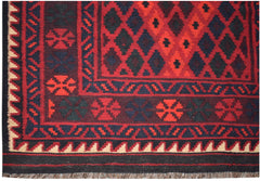 Handwoven Afghan Maimana kilim runner featuring a geometric diamond pattern in red and dark blue.