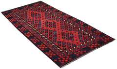 Handwoven Afghan Maimana wool runner rug featuring a geometric pattern in red and dark blue.