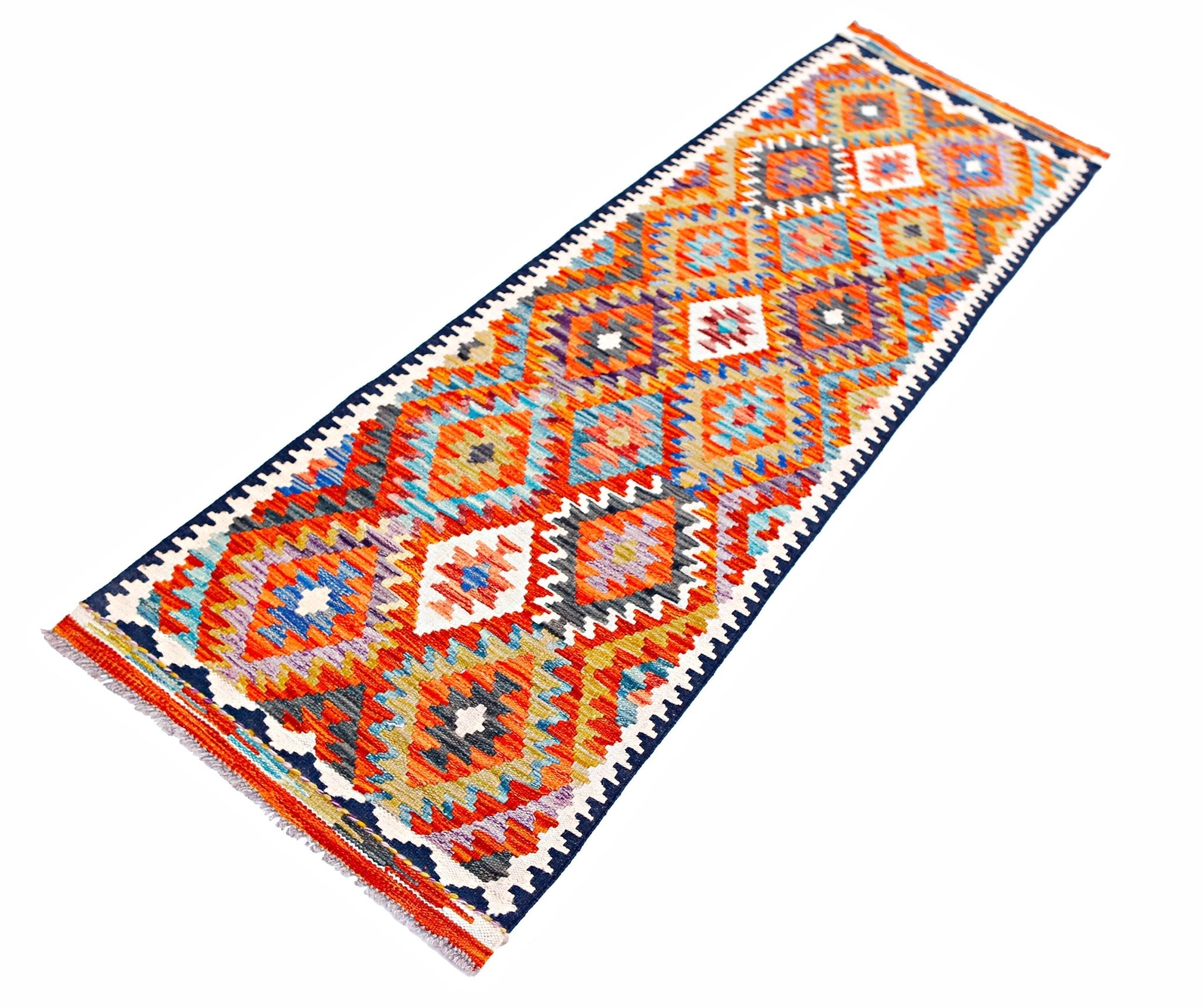 A handmade Afghan Maimana wool runner rug featuring a vibrant geometric pattern in multi-colored hues.