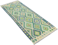 Handmade Afghan Maimana Kilim runner featuring a geometric diamond pattern in blue, green, and cream.