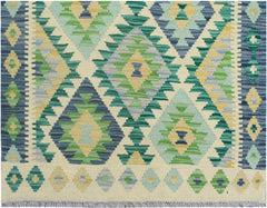 Handmade Afghan Maimana kilim runner featuring a geometric diamond pattern in blue and green tones.