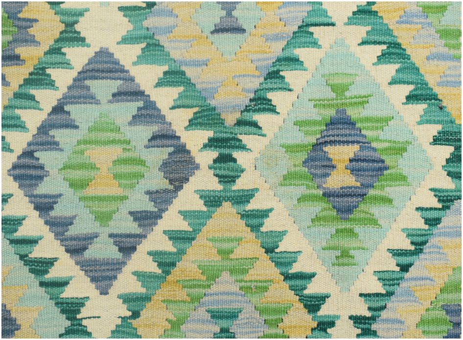 Handmade Afghan Maimana kilim runner featuring a geometric diamond pattern in blue, green, and yellow.