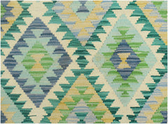 Handmade Afghan Maimana kilim runner featuring a geometric diamond pattern in blue, green, and yellow.