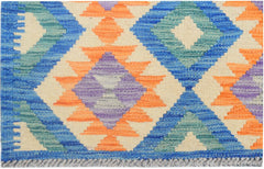 Handmade Afghan Maimana kilim runner featuring a geometric diamond pattern in blue, orange, and purple.