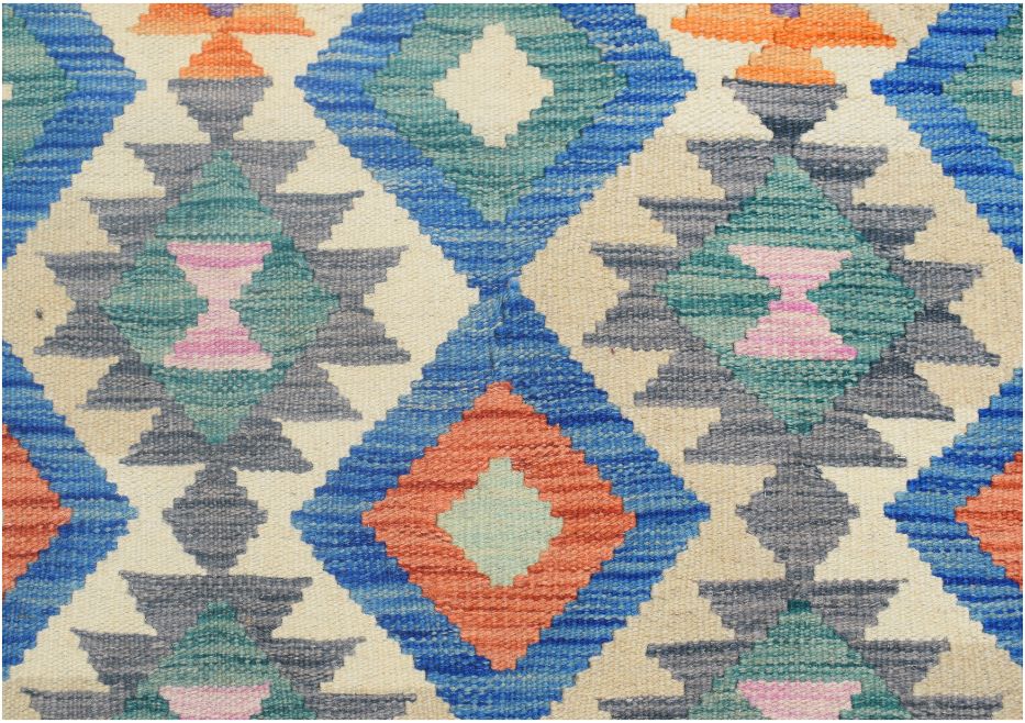 Handmade Afghan Maimana kilim runner featuring a repeating geometric diamond pattern in vibrant colors.