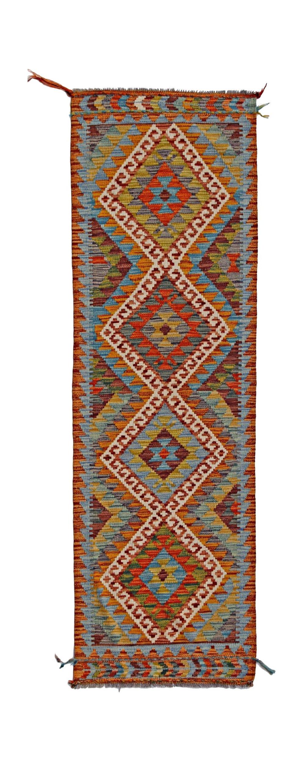 Handwoven Afghan Maimana wool runner featuring a vibrant geometric diamond pattern.