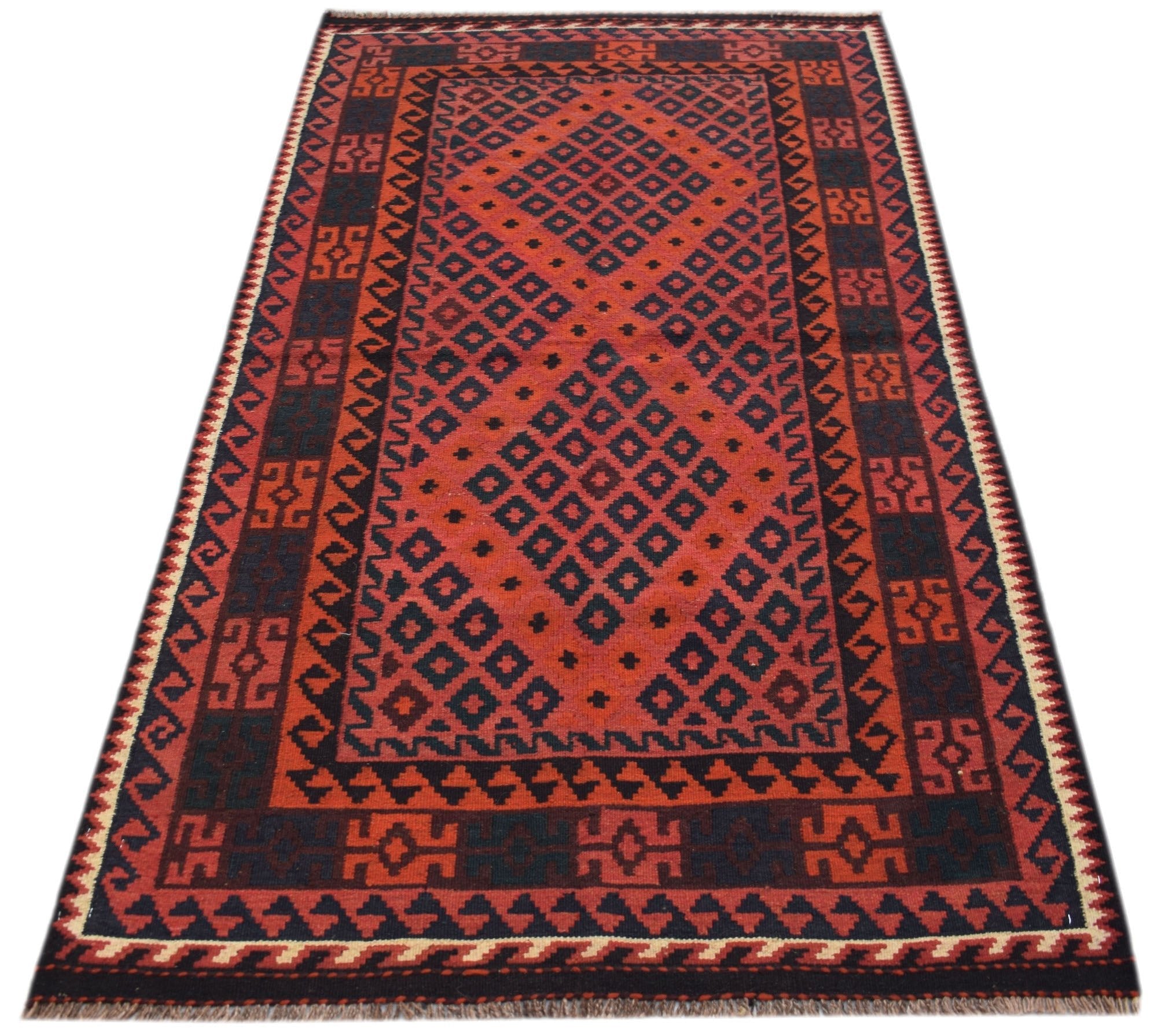 Handwoven Afghan Maimana kilim runner featuring a geometric diamond pattern in red and black wool.