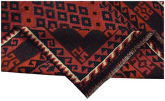 A handmade Afghan Maimana kilim runner featuring a geometric pattern in red and black wool.