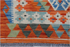 Handwoven Afghan Maimana kilim runner featuring geometric patterns in orange, blue, and grey.