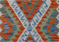 Handwoven Afghan Maimana kilim runner featuring a geometric pattern in orange, blue, and grey.