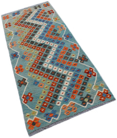 Handwoven Afghan Maimana wool runner rug featuring a geometric pattern in blue and orange tones.