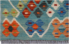 Handwoven Afghan Maimana wool kilim runner featuring a geometric pattern in blue and orange tones.