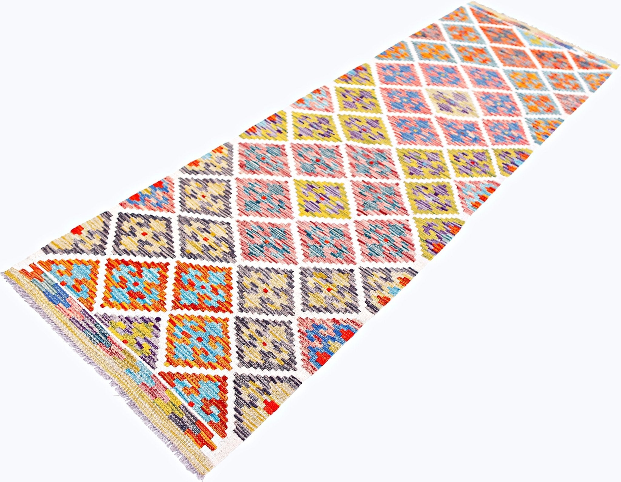 Handwoven Afghan Maimana wool runner rug featuring a colorful geometric diamond pattern.