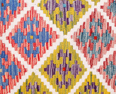 Handwoven Afghan Maimana kilim runner featuring a geometric diamond pattern in vibrant colors.