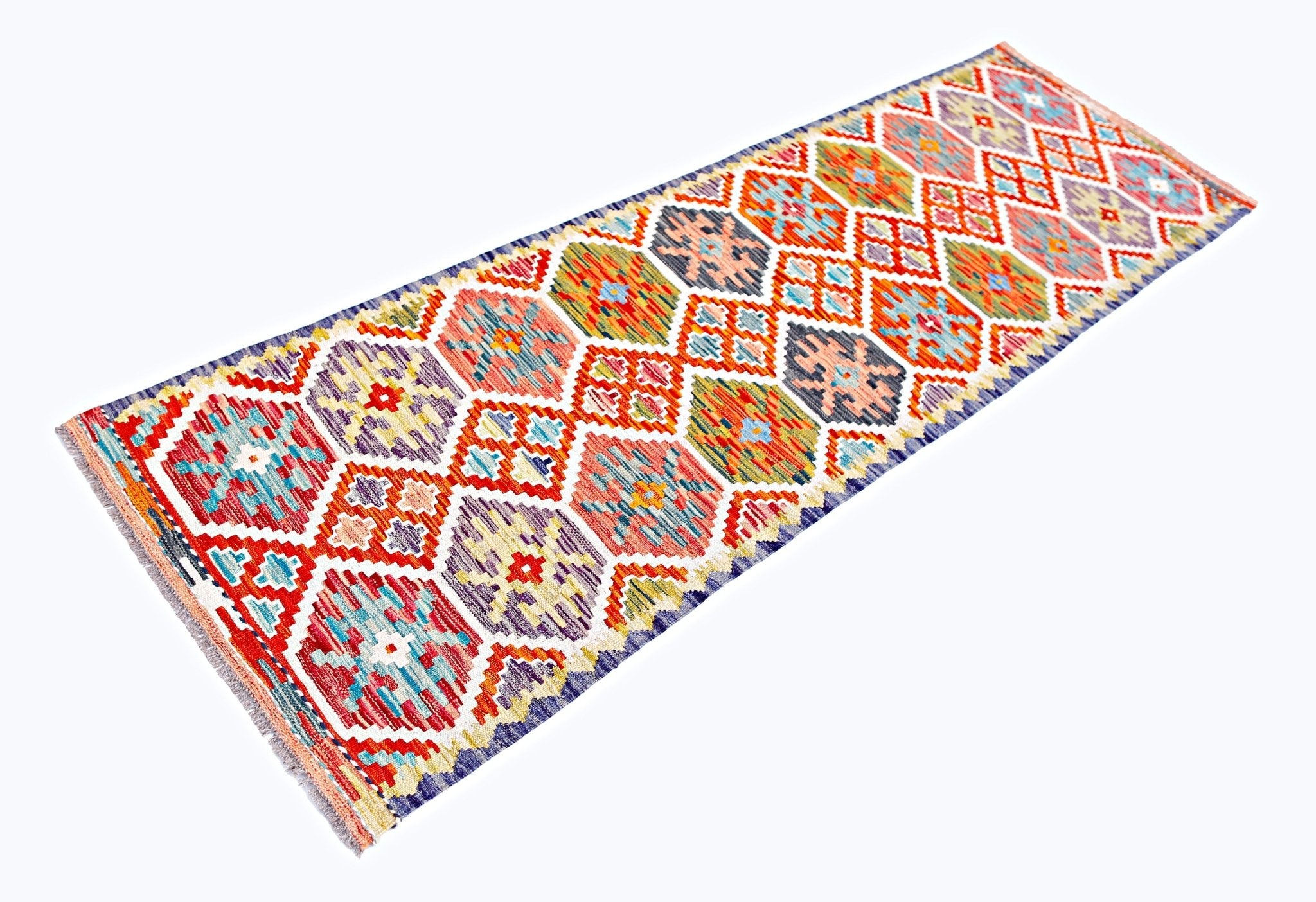 Handwoven Afghan Maimana wool runner rug featuring a vibrant geometric pattern in multicolor.