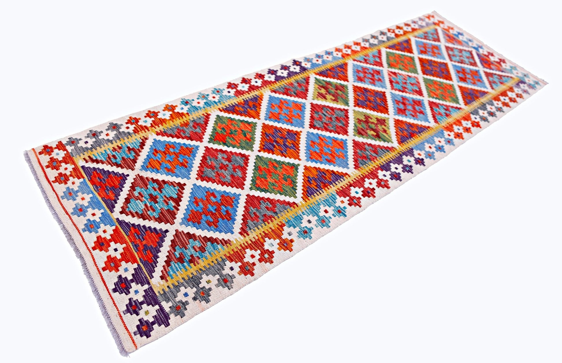 Handwoven Afghan Maimana wool runner featuring a colorful geometric diamond pattern.