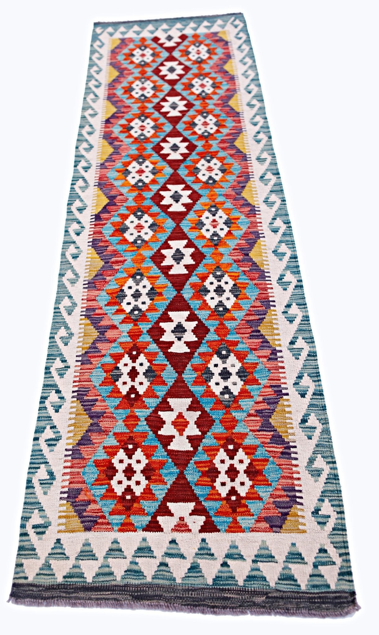 Handwoven Afghan Maimana wool runner rug featuring a vibrant geometric diamond pattern.