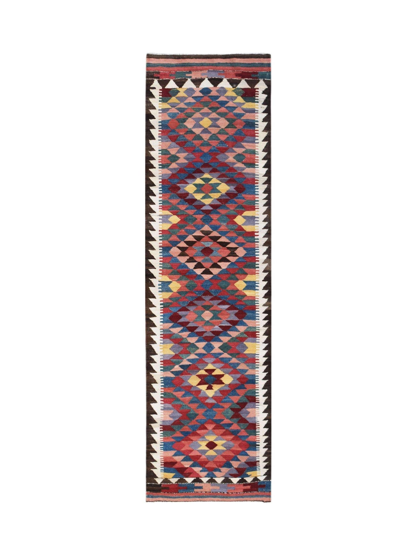 Handwoven Afghan Maimana wool runner featuring a colorful geometric diamond pattern.