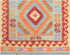 Handmade Afghan Maimana kilim runner featuring a vibrant geometric diamond pattern in wool.