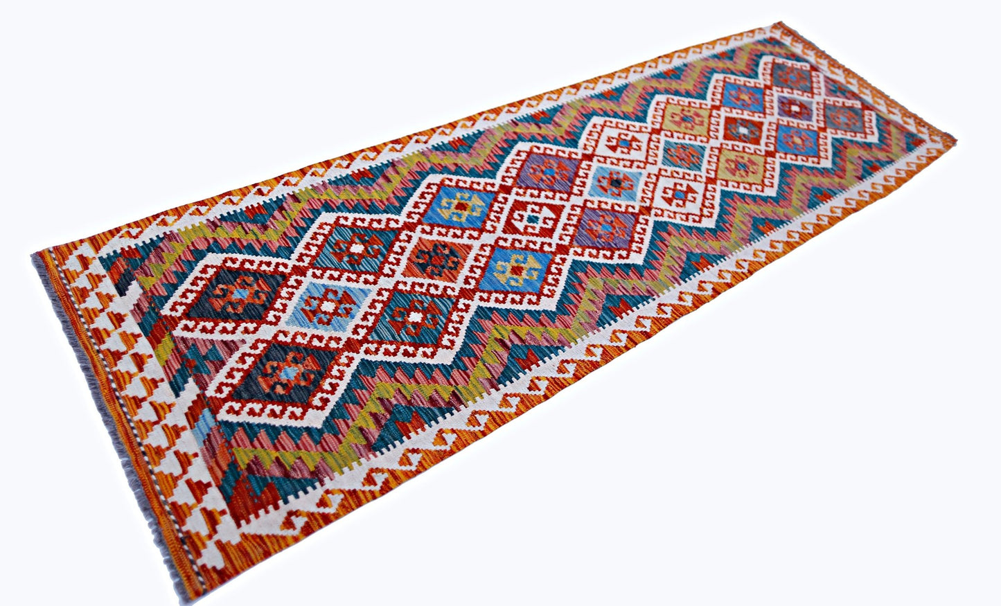 Handwoven Afghan Maimana wool runner featuring a colorful geometric diamond pattern.
