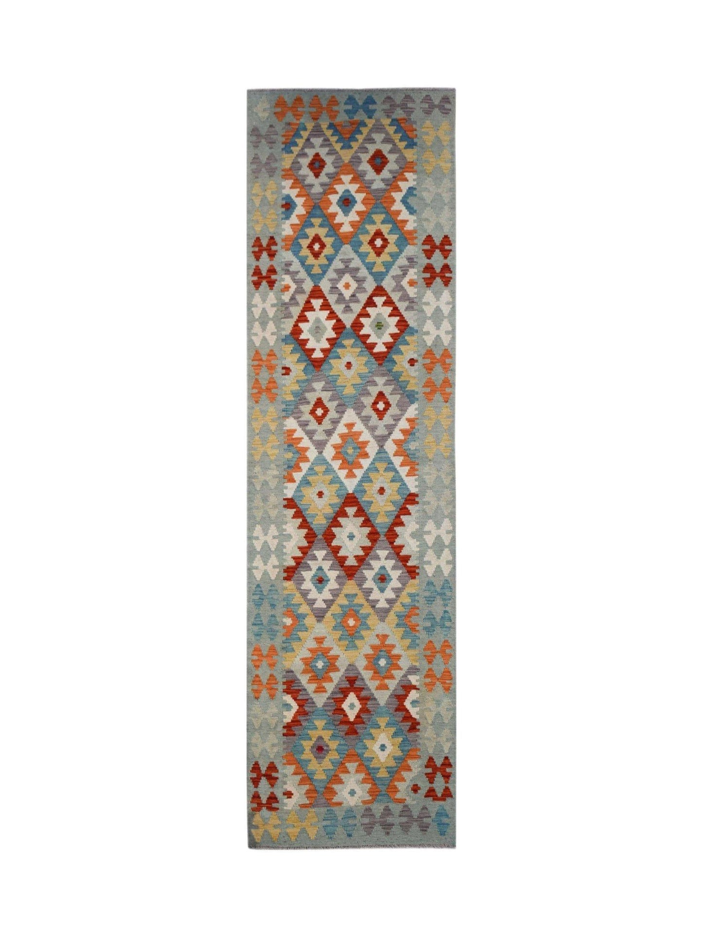 Handwoven Afghan Maimana wool runner rug featuring a colorful geometric diamond pattern.