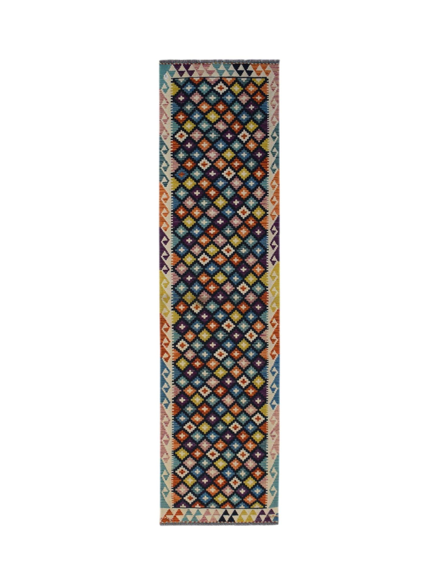 Handwoven Afghan Maimana wool runner featuring a colorful geometric diamond pattern.